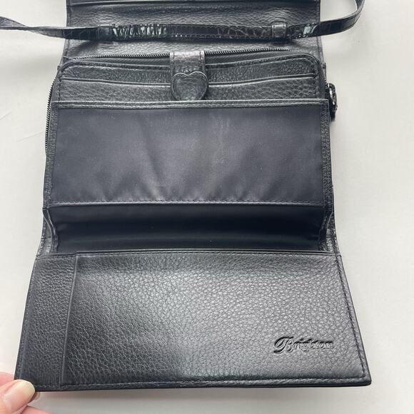 BRIGHTON Black Leather Organizer Wallet Crossbody Croc-embossed Elegant Western - Picture 3 of 15